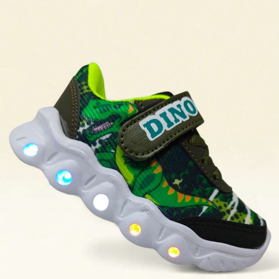 Tennis Shoes With Dinosaur Light - Dark Green - View 1