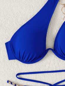 Swim SXY Women's Solid Color Metal Chain Asymmetric Neckline Bikini Set One Shoulder Bikini Sexy Swimwear Swimsuits Blue - Royal Blue - View 4