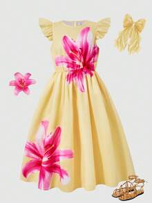 SHEIN Tween Girls' Print Patterned Flutter Sleeve Waist-Cinched Long Dress - Multicolor - View 3