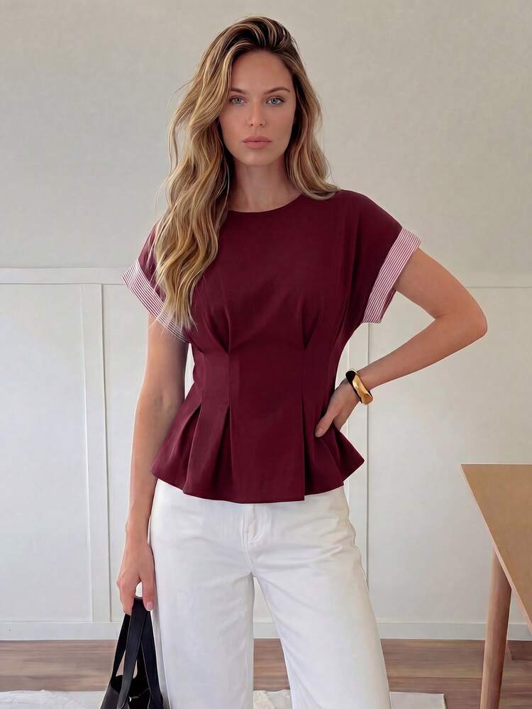 Easowa Round Neck Waist-Cinched Ruffle Hem Shirt Color-Block Striped Patchwork Top Casual Relaxed Elegant Commuter Old Money Style Vacation Spring Summer Women's Blouse - Burgundy - View 4