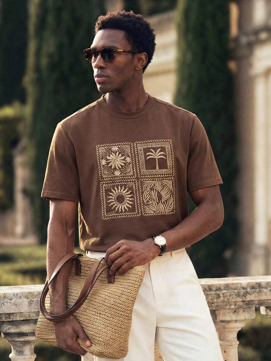 Vientiro Men's Round Neck Casual Short Sleeve Hollow Embroidery T-Shirt