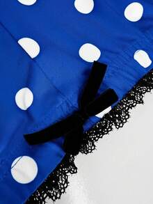 Maweii Plus Size Women's Polka Dot Print Elastic Waist Lace Patchwork Slim Fit 3/4 Length Leggings - Royal Blue - View 7