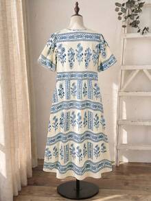 Rusticease Plus Size Women V-Neck Floral Print Ruched Casual Party Dress  Summer Spring Country Style For Women - Multicolor - View 2