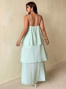 Auralis Mint Green Plus Size Top Long Tiered Cake Dress With Asymmetric Hem, Multi-Layered Chiffon, Flowy And Romantic, Perfect For A Beach Vacation. - Mint Green - View 4