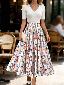 SHEIN Franclia Fresh Pastoral Style Colorful Floral Print High-Waist Midi Skirt Vacation Outfits Women Summer Outfits For Women - Multicolor - View 4