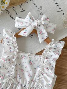 SHEIN Mädchen Sommer Frisches Ditsy Blumen Muster Trägerkleid, Rüschen Design mit flatternden Ärmeln, süßer Stil Baby Mädchen Prinzessinnenkleid, Baby Reise Urlaub Feenkleid - Verschiedenfarbig - Übersicht 4