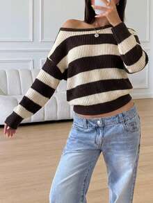 SHEIN Teen Girls Casual Striped Knit Sweater, Simple And Fashionable, Suitable For Daily Wear, Autumn, Winter - Coffee Brown - View 5