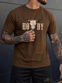 Torvinic Men's Casual Vintage Bull Skull Distressed HODY Print Coffee Color Short Sleeve T-Shirt Black Short Sleeve Set, Suitable For Summer Wear - Multicolor - View 1