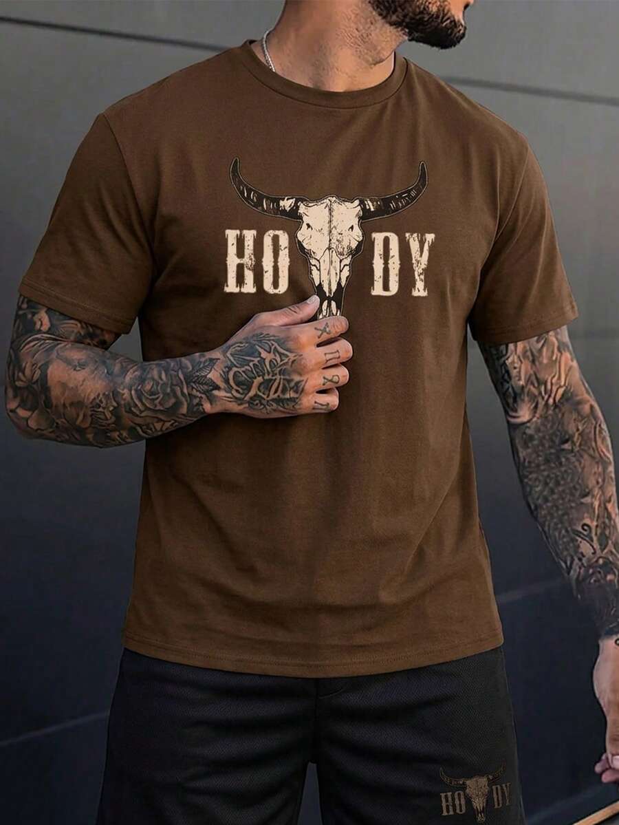 Torvinic Men's Casual Vintage Bull Skull Distressed HODY Print Coffee Color Short Sleeve T-Shirt Black Short Sleeve Set, Suitable For Summer Wear - Multicolor - View 1