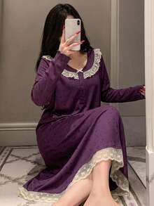 DAZY Sweet Floral Lace Trim Long Sleeve Long Dress Women's Nightgown Pajamas - Purple - View 1