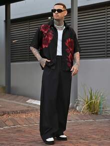 Devon Thys Men's Casual Floral Print Front Button Short Sleeve Shirt, Summer - Black - View 3