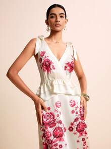 LOTSLUV Women's Spring/Summer Vacation Elegant Apricot And Red Tropical Floral Print V-Neck Tie Waist Ruffle Hem Printed Dress - Multicolor - View 7