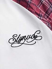 STYNVO 男士長袖格紋字母印花圓領T恤，度假風 - 紅白色 - 查看 5