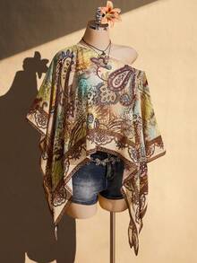 SHEIN ICON Plus Size Women's Asymmetric Shoulder All-Over Print Casual Versatile Daily Outing Top - Multicolor - View 9