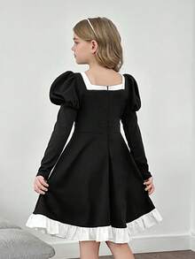 SHEIN Tween Girl Elegant Black And White Contrast Ruffle Square Neck Lantern Puffy Long Sleeve A-Line Dress - Black - View 9