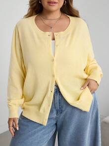 SHEIN CURVE+ 大尺碼休閒純色圓領長袖寬鬆版型女款黃色針織開襟外套，秋季/冬季/春季，休閒，度假，海邊度假 - 淡黃色 - 查看 5