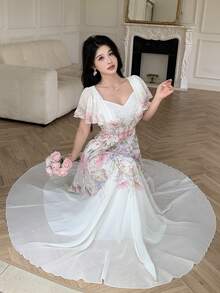 Modelyn Robe femme col V manches à volants taille cintrée évasée imprimé placé - Multicolore - Voir 7