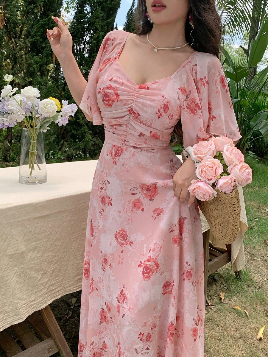 Modelyn 女款荷葉袖抓皺腰傘擺雪紡印花洋裝,度假風淡粉色夏季鄉村風可愛風 - 粉色 - 查看 1