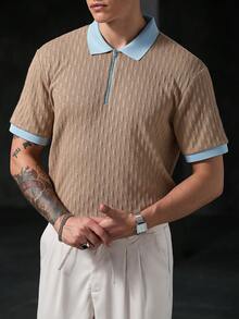 Manfinity CasualCool 男士休閒紋理拉鍊半開襟短袖對比色 Polo 衫 - 卡其色 - 查看 6