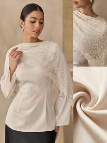Graceveil Elegant Commuter Satin Lace Shawl Collar Long Sleeve Fitted Shirt - Apricot - View 2