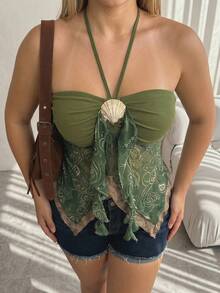 SHEIN ICON Plus Size Retro Boho Y2K Style Seashell Decor Asymmetrical Hem Camisole Dress, Paisley Vintage Print Beach Vacation Holiday, Summer Olive Green - Green - View 3