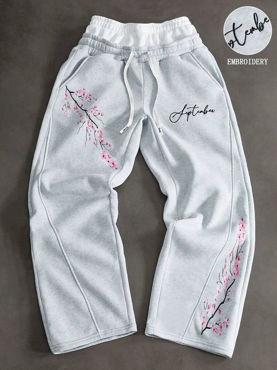 PAVTROS Men's Spring Casual Cherry Blossom Print Loose Sweatpants - Light Grey - View 1