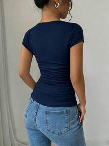 Rafferiza 時尚修身肩袖U領腰部抓皺高彈力針織白色春夏女款T恤 - 藏蓝色 - 查看 2