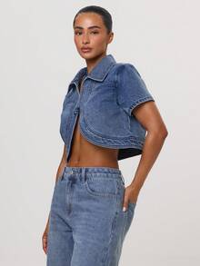 MUSERA Blue Denim Button Through Cropped Cap Sleeve Top - Blue - View 4