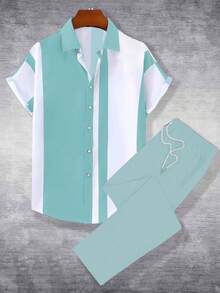 Manfinity Homme 2pcs Men's Colorblock Short Sleeve Shirt & Pants Set , Ceremony - Teal Blue - View 1