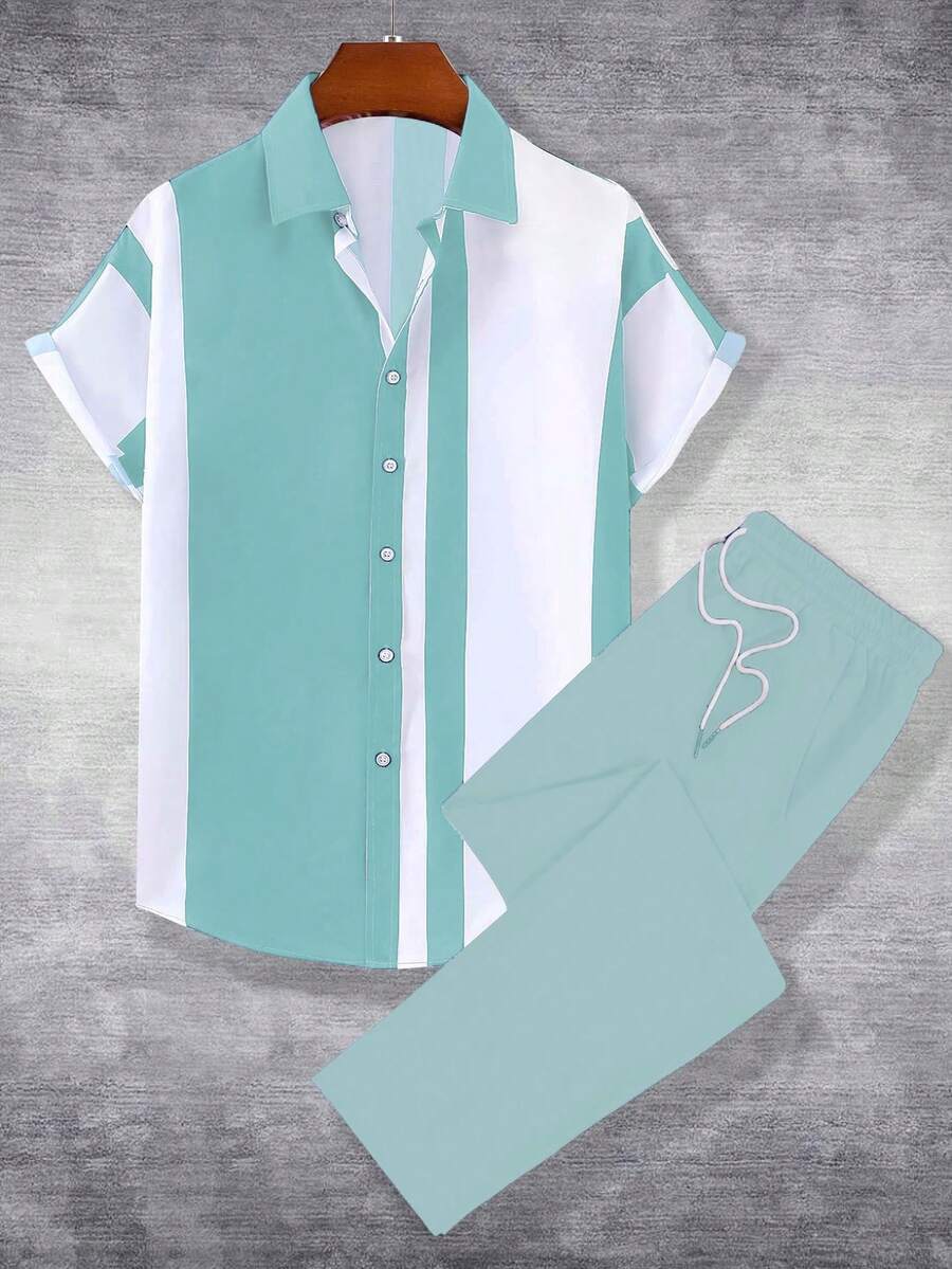 Manfinity Homme 2pcs Men's Colorblock Short Sleeve Shirt & Pants Set , Ceremony - Teal Blue - View 1