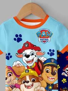 SHEIN | PAW Patrol 男嬰圓領卡通圖案短袖上衣與長褲休閒日常居家睡衣套裝 - 彩色 - 查看 5
