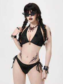 ROMWE Goth 女士夏季沙滩蜘蛛网印花露背系带性感比基尼泳装套装 - 深灰色 - 查看 5