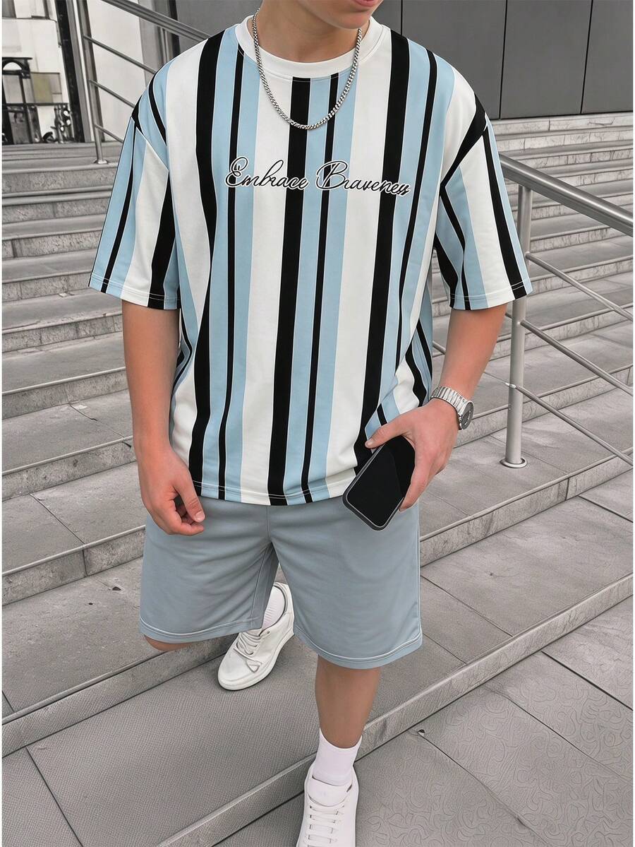 [Random 3 Sets, Send 1 Sets]Tween Boy Casual Comfortable Fashionable Minimalist Crew Neck Short Sleeve T-Shirt And Shorts Set Squishy Vacation COZY