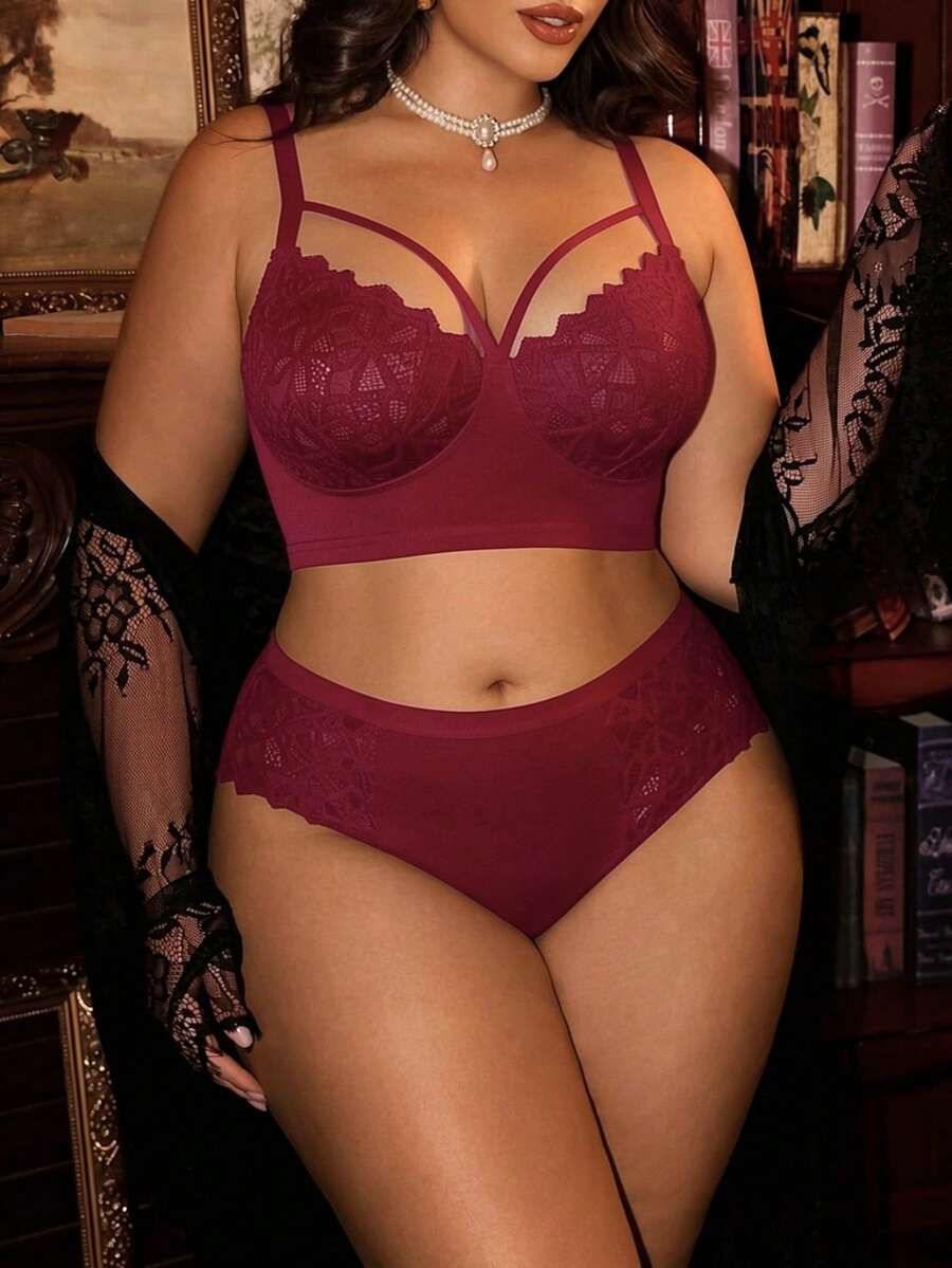Divavoom 2 piezas Conjunto de lencería con sujetador inalámbrico de encaje de contraste y levantamiento para tallas grandes - Burdeos - Ver 1