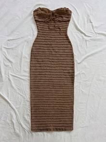 Vestido de mujer a rayas con frente plisado y lazo, atuendos de playa y vacaciones, atuendos de primavera y verano para mujeres - Café integral - Ver 6