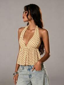 TRNVIE Top de tirantes elegante con cuello halter y escote en V con lunares para mujer, primavera/verano - Amarillo - Ver 4