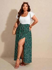 Elaquor Women's Plus Size Ruffle Sleeve High Waist Side Slit Dress - Dark Green - View 3
