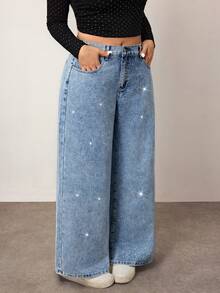 Enliva Jeans casuales de pierna ancha y sueltos con bolsillos de strass para mujer talla grande, para Body con forma de manzana y redondeado, para otoño - Azul lavado oscuro - Ver 7