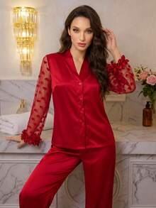 Modelyn 3件套女士3D立体花卉蕾丝爱心网纱缎面睡衣套装，新娘内衣，秋冬舒适优雅细节 - 紅色 - 查看 7