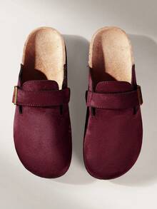 Solecia Pantuflas de moda para mujer con suela gruesa, punta redonda con hebilla cuadrada, zapatos a juego para Navidad - Burdeos - Ver 2