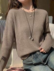 DAZY Autumn Winter Spring Fashion Khaki Round Neck Basic Knit Long Sleeve Women's T-Shirt - Khaki - View 9