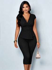 SOLERSUN Women's Deep V-Neck Pleated Short-Sleeved Fitted T-Shirt And Capri Pants Two Pieces Set Features A Pleated Waist Asymmetrical Hem Elegant Office Black - Black - View 5