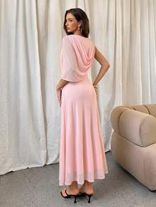 Aloruh Women's Elegant Elegent Round Neck One Shoulder Asymmetric Waist Mesh Dusty Pink Dress Couple Summer,Wedding Guest,Graduation Dress - Baby Pink - View 2