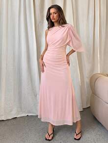 Aloruh Women's Elegant Elegent Round Neck One Shoulder Asymmetric Waist Mesh Dusty Pink Dress Couple Summer,Wedding Guest,Graduation Dress - Baby Pink - View 3