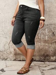 EMERY ROSE EMERY ROSE Jeans Capri Casuales de Talla Grande para Mujer con Bajo Deshilachado, Bolsillos y Ajuste Ceñido - Negro - Ver 1