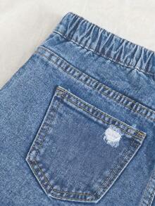 SHEIN ICON 大尺碼女款街頭風 90 年代頹廢風淺藍色毛邊牛仔短褲 無彈力 度假夏季休閒正式奇幻風 - 淺色水洗藍 - 查看 6