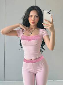 Sweetina 蕾絲背心上衣 & 喇叭褲 2件組，女孩休閒T恤 - 淺粉色 - 查看 4