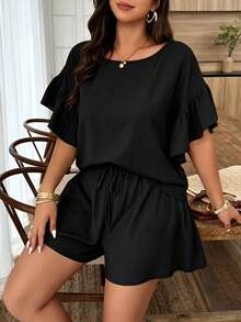 Weeklong Conjunto casual de mujer talla grande para primavera/verano con cuello redondo, mangas con volantes y shorts cortos - Negro - Ver 1