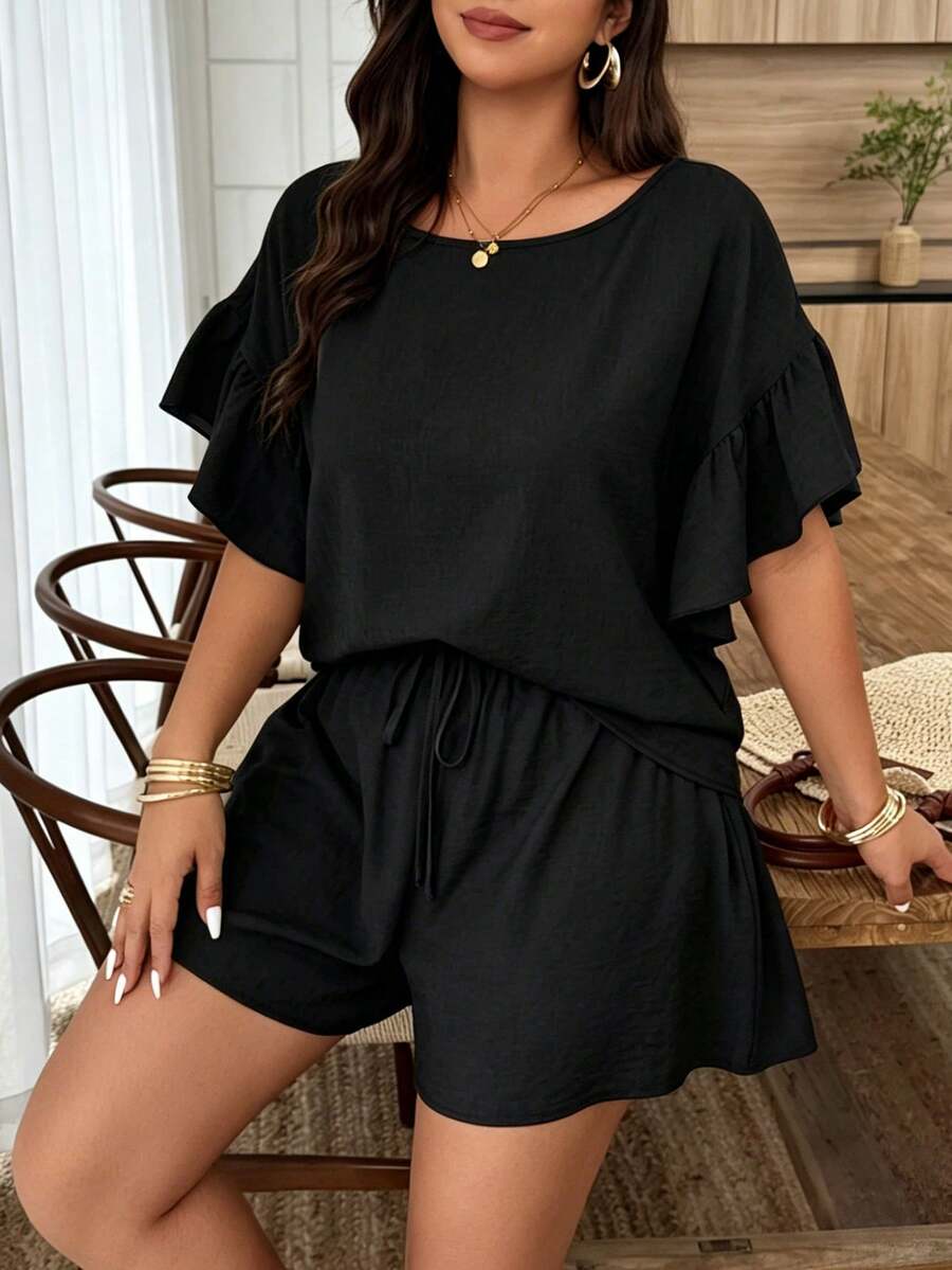Weeklong Conjunto casual de mujer talla grande para primavera/verano con cuello redondo, mangas con volantes y shorts cortos - Negro - Ver 1