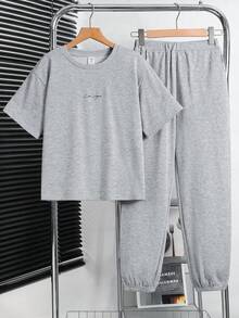 SHEIN 兒童 2件/套 青少年男童休閒韓系舒適簡約百搭螢光藍T恤與長褲套裝，適合日常穿著、上學、外出、運動，春夏季適用 - 灰色 - 查看 3